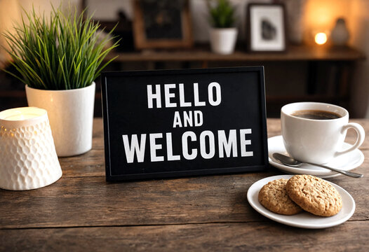 Welcome sign on a wooden table with coffee cookies and a cozy indoor plant setup