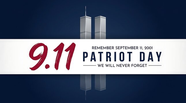 Patriot day memorial event remembering 9 11 we will never forget with twin towers and date text banner over dark background.