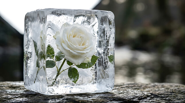A single white rose flower with green leaves perfectly frozen inside a large, square, clear ice cube block resting on a textured dark rock with a blurred natural background.