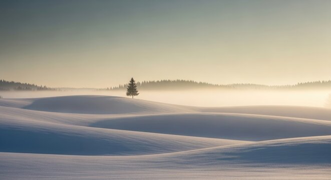 Lone Pine Tree in Snowy Rolling Landscape at Sunrise