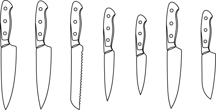 Kitchen culinary chef knives set professional cooking blades sharp tools line art vector illustration isolated on white