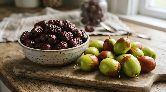 Fresh Jujube Fruits and Dried Dates in Bowl on Rustic Wooden Board, Healthy Ingredient for Cooking and Snacks