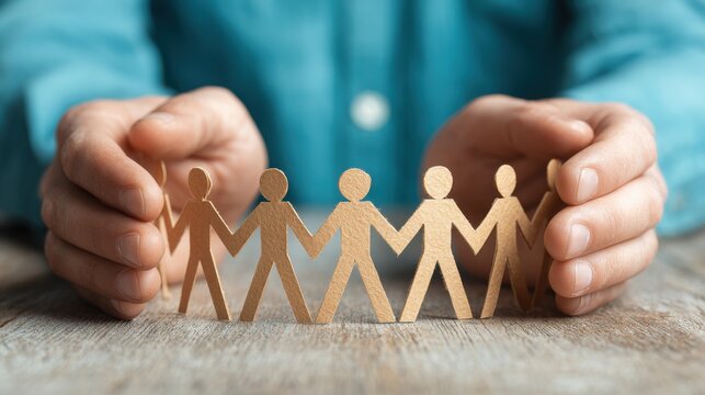 Hands protecting a paper chain of people representing community. Social security and inclusion concept.