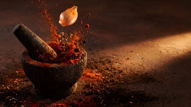 Dynamic explosion of spices and garlic in a dark volcanic stone mortar