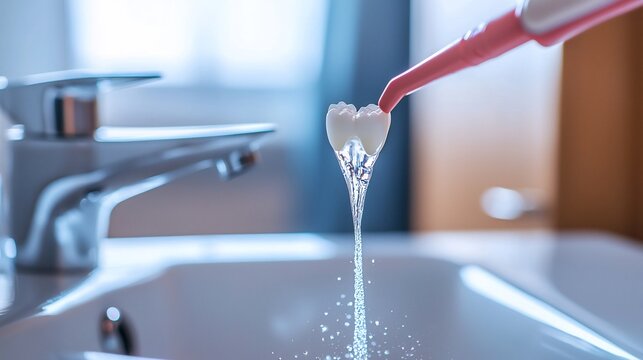 Demonstration of water flosser jet cleaning a tooth model over a white bathroom sink with a chrome faucet