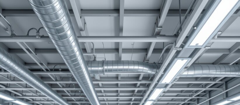 Industrial ventilation system with metal ducts and pipes on a factory ceiling.