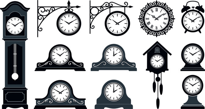 Vintage Clock and Antique Timepiece Silhouette Icon Set Featuring Grandfather Clock Bracket Wall Clocks Tabletop Mantel Clocks Cuckoo and Alarm Clock Designs