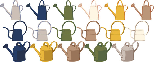 long spout and standard watering cans in various colors isolated on a transparent background. Ideal for gardening icons, botanical graphics, and agricultural design resources. © RN Art