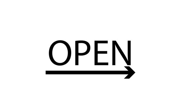Black open text sign with arrow transparent overlay isolated illustration
