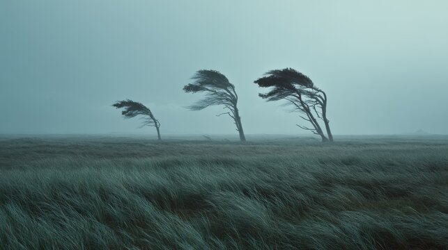 Strong wind bending trees in a stormy field under overcast sky. Severe weather concept for nature themes.