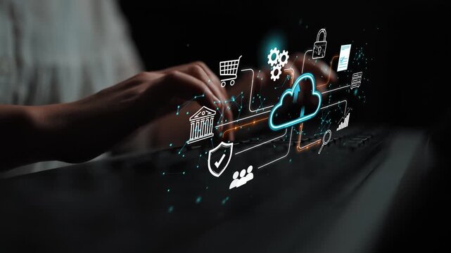 Hands typing on a keyboard with digital cloud technology icons and cybersecurity elements representing data storage and online security concepts in dark background. Entropy.