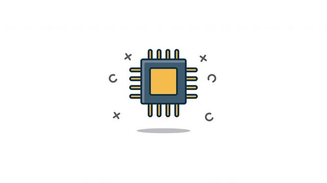 Looping CPU Chip Icon Animation. Flat minimalist design of processor microchip technology symbol, isolated on white background