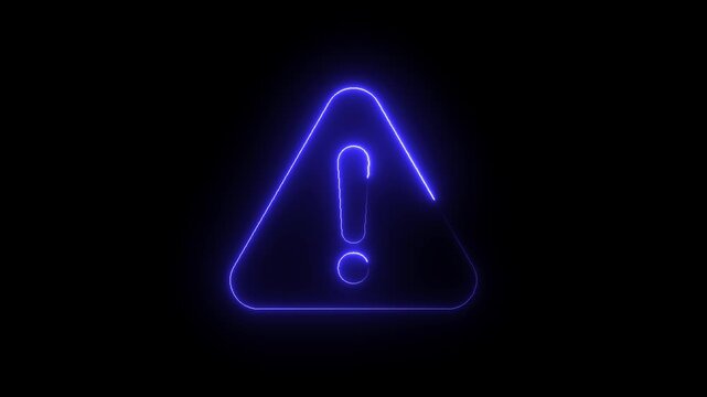 Glowing blue neon warning sign animation: triangle exclamation point alert symbol for digital security, cyber safety, and technical error notifications