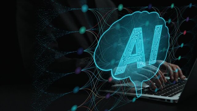 Futuristic Representation of Artificial Intelligence with Digital Brain and Computer Keyboard Integration in Dark Background Sigmoid