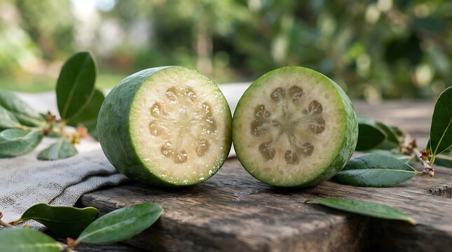 Freshly Cut Feijoa Fruit on Rustic Wooden Surface with Green Leaves and Blurred Garden Background for Healthy Food Concepts