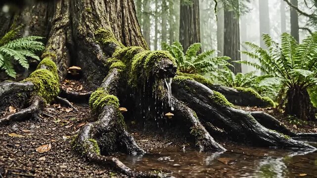 Ancient mossy tree roots in deep green forest.