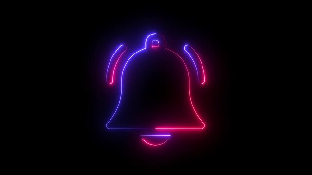 Neon notification bell pulsing with vibrant blue and pink light on black background, glowing alert