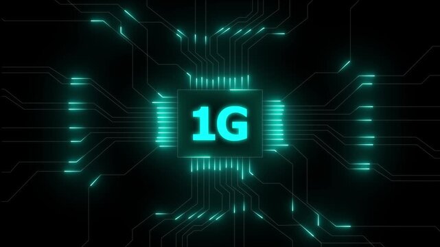 Glowing 1g network lines connecting digital data points on a dark abstract background , Futuristic 1G network visualizes digital data, Glowing lines and circuits enhance global connectivity.4k video