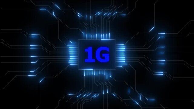 Glowing 1g network lines connecting digital data points on a dark abstract background , Futuristic 1G network visualizes digital data, Glowing lines and circuits enhance global connectivity.4k video