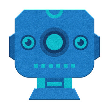 Blue robot head icon with textured paper finish, futuristic android character face, minimalist mechanical cyborg illustration on white background