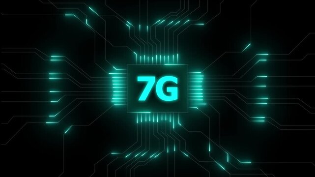Glowing 7g network lines connecting digital data points on a dark abstract background , Futuristic 1G network visualizes digital data, Glowing lines and circuits enhance global connectivity.4k video