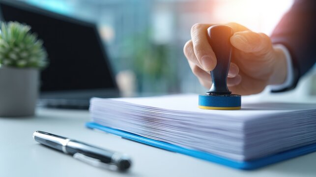 Businessman stamping stack of documents in modern office. Corporate bureaucracy and approval concept.