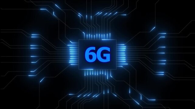 Glowing 6g network lines connecting digital data points on a dark abstract background , Futuristic 1G network visualizes digital data, Glowing lines and circuits enhance global connectivity.4k video