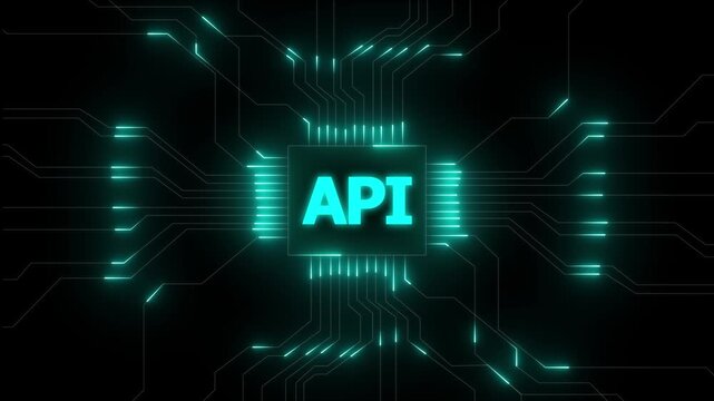 API technology abstract circuit board glowing neon lines data transfer digital network security. Virtual private server with circuit board and processor. Technology concept.4k video animation