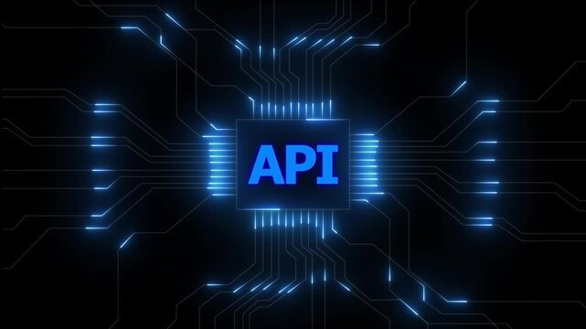 API technology abstract circuit board glowing neon lines data transfer digital network security. Virtual private server with circuit board and processor. Technology concept.4k video animation