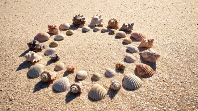 Circle of various sea shells on sandy beach.