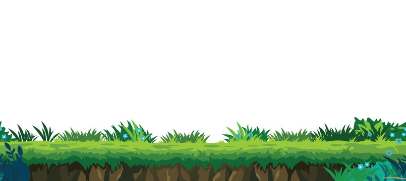 Seamless Grass Ground Vector Illustration with Blue Flowers Game Background Loop