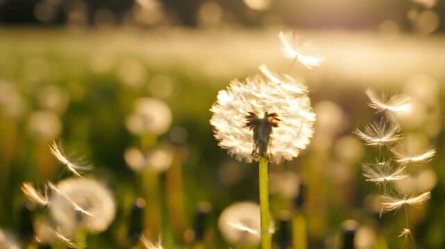 Close up of dandelion seed head in sunlit field.