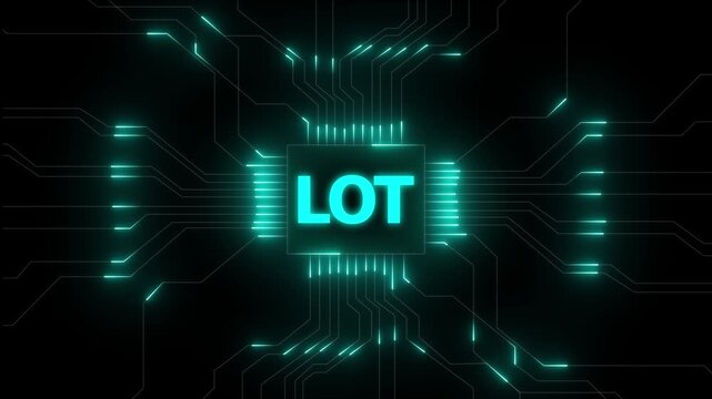 Iot circuit board with glowing blue lines and central chip internet technology. Futuristic iot network with glowing circuits. Smart device connectivity and digital data system. Circuit board icon.