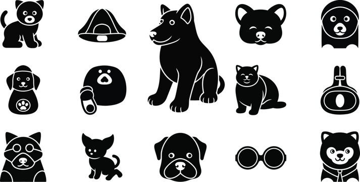 Cute black cat icons set for digital design. Modern vector illustrations for apps and websites.