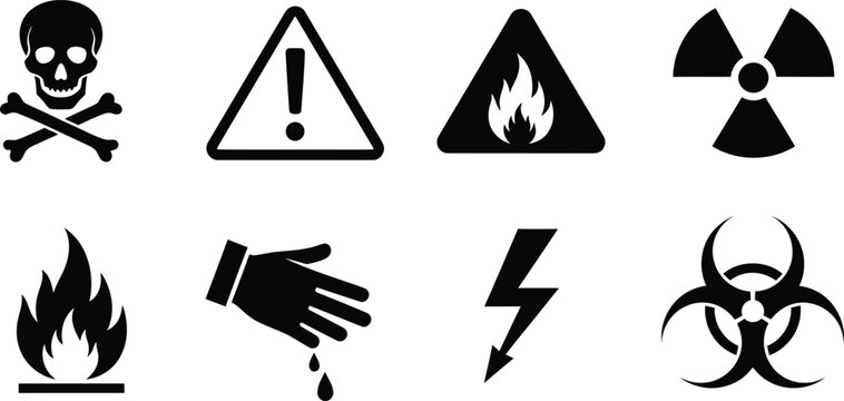 Hazard warning icons for safety and caution. Symbols indicating danger and risk management.