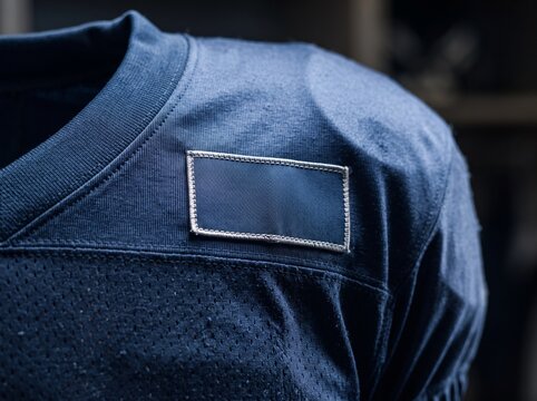 Close-up of a sports jersey patch with leadership emblem. Focus on fabric detail and stitching, emphasizing team spirit and sportsmanship.