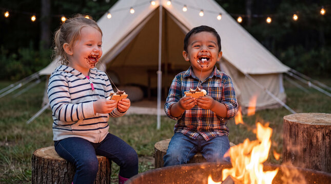 Two cheerful toddlers eat s'mores together by a tent and campfire for summer camping promotions and food lifestyle marketing