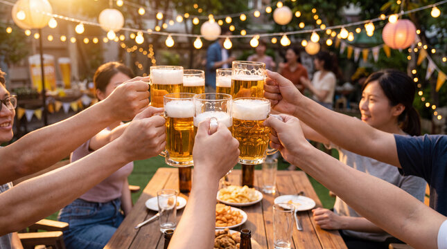 Beer glasses clink together at a central courtyard table during a joyful International Beer Day sunset celebration