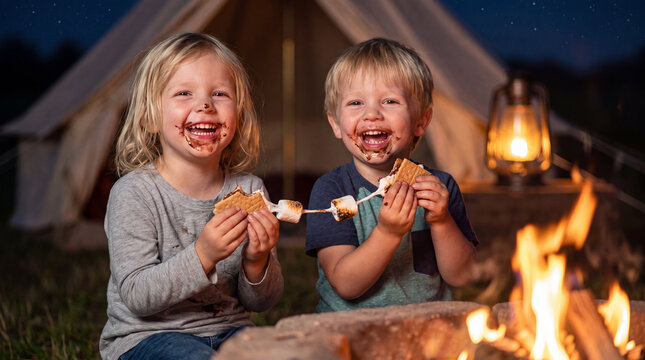 Two cheerful toddlers eat s'mores by a campfire with tent and lantern for National S'mores Day camping promotions and blogs