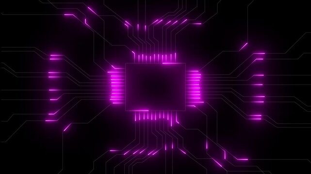 Futuristic Microchip with Glowing Neon Circuits Frame. Digital Technology, and AI in a High-Tech Virtual Interface. Product display background. Seamless loop. Created using non-AI 3d software