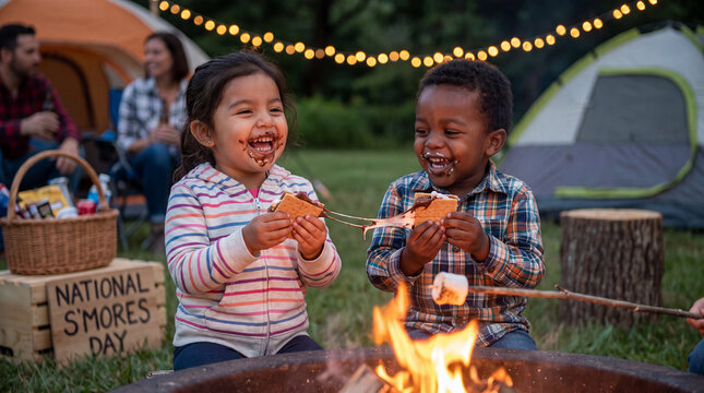 Two excited toddlers roast marshmallows and eat s'mores by a campfire for National S'mores Day camping and food promotions