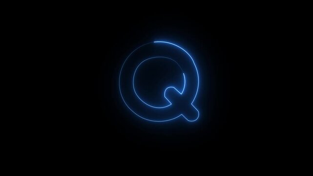 Glowing Neon Letter Q Animation with blue Light Effect on Black Background, Alphabet Typography, 4K Motion Graphics Loop