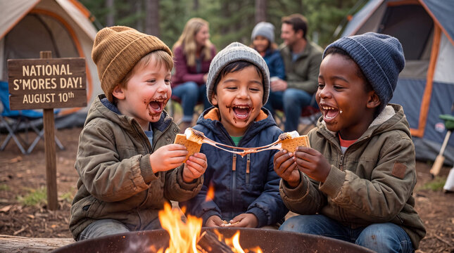 Three diverse children laugh together while eating s'mores by a campfire for National S'mores Day family marketing campaigns