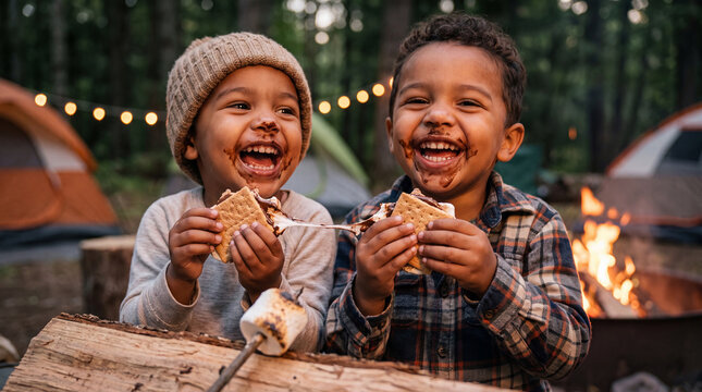 Two happy mixed-race toddlers eat s'mores near a roasted marshmallow on a stick for National S'mores Day food promotions