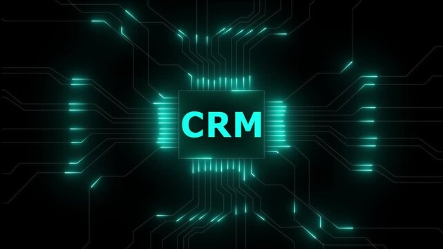 CRM technology circuit board glowing red digital connection data processing video. CRM technology circuit board, digital network. System enabling customer data management and business automation