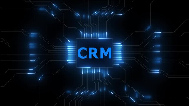 CRM technology circuit board glowing red digital connection data processing video. CRM technology circuit board, digital network. System enabling customer data management and business automation
