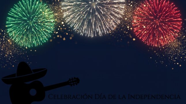 Mexican Independence Day Background with Sombrero Guitar Silhouette and Fireworks