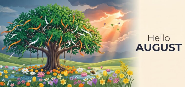 Hello August Festive Nature Tree Minimal Vector Banner