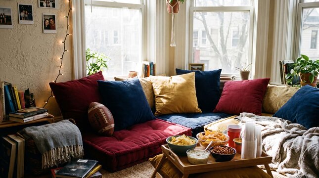 Football party cushions and snacks are creating a cozy living room game day corner