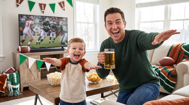 Father and toddler do touchdown pose while watching football gameday on television with popcorn chips beer for party fun